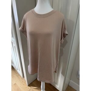 Cupio Blush‎ Pink Tunic Top Womens L Lace Trim Short Sleeve Soft Casual Tee EUC